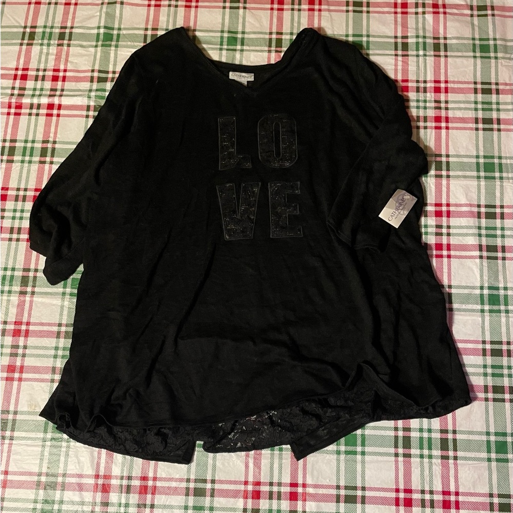 Catherine Plus Size Shirt 3X 26/28W Black Lace Love New